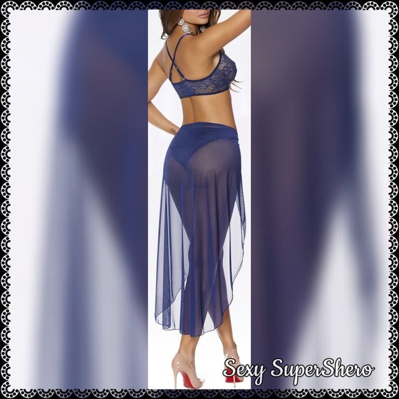 ๐๐น"Midnight Blues" 3pc Lingerie Set-Bralette, Ruched Panty, & Mesh Skirt - Picture 3 of 4